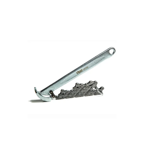 A silver-colored chain pipe wrench with a black patterned grip on the handle and a chrome-plated body.