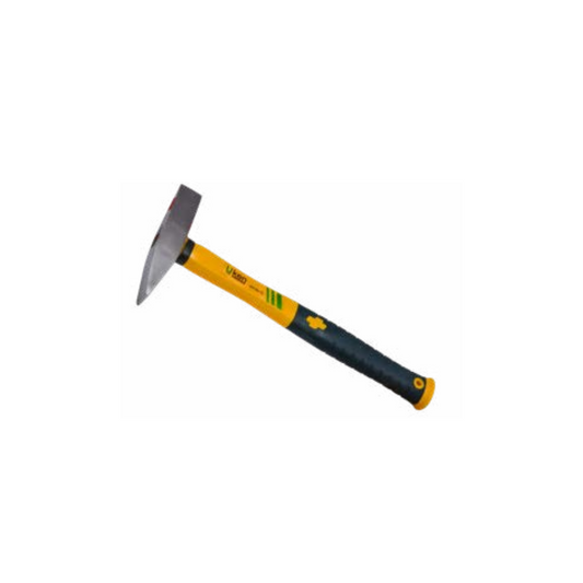 A chipping hammer with a fiber handle, induction hardened head, and TPR grip handle.