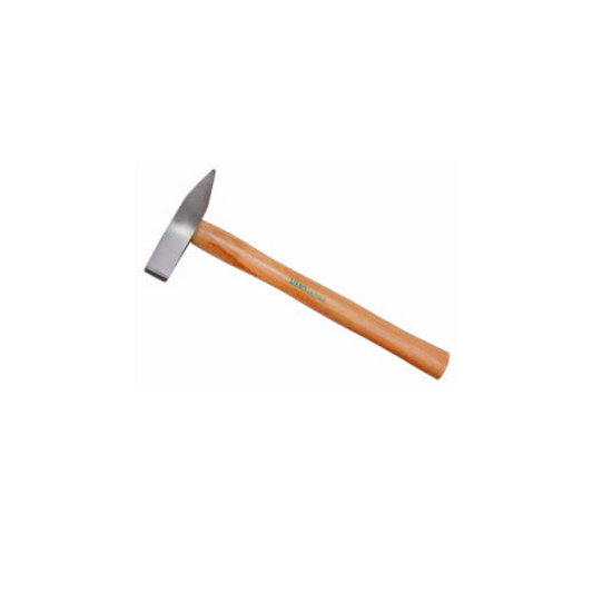 A hammer with a induction hardened head and a wooden handle.