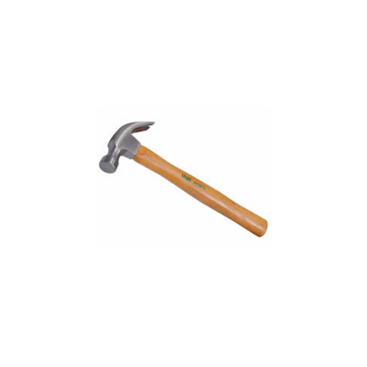 A hammer with a wooden handle and a polished metal head.