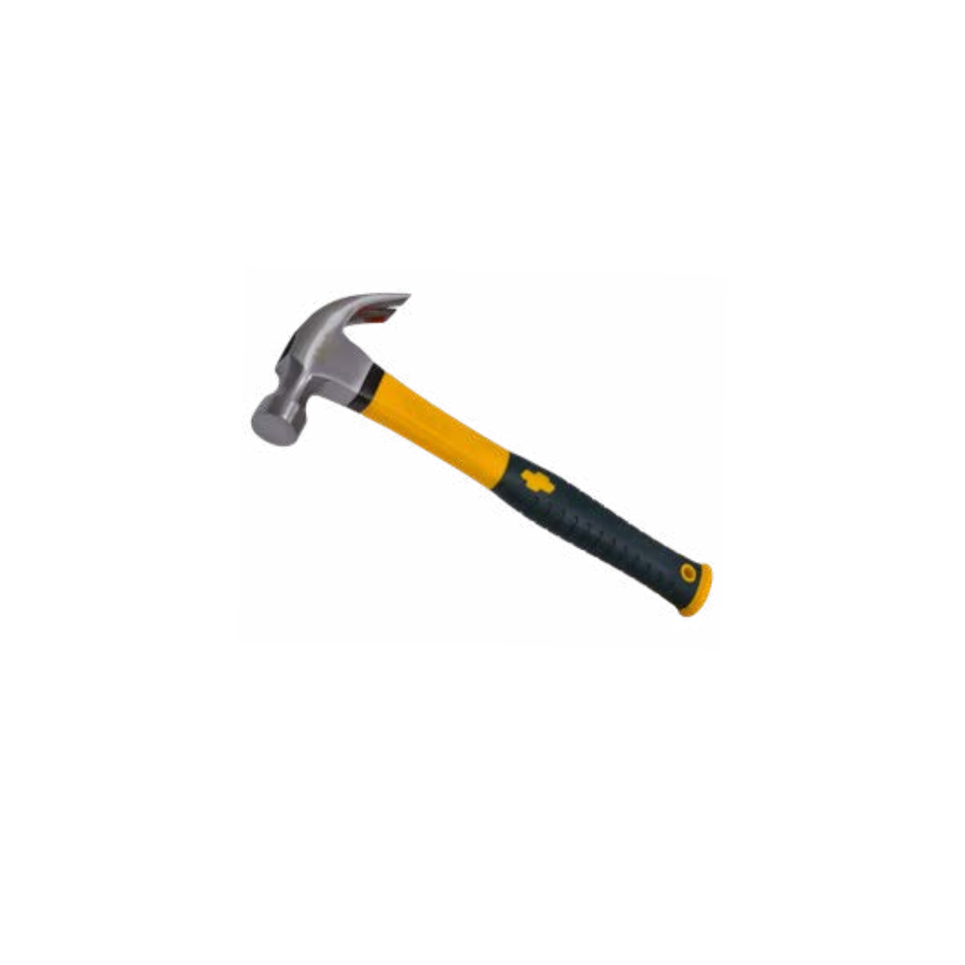 A hammer with a gray head and a yellow handle with a black grip. The hammer is designed for claw and carpenter tasks with a fiberglass handle.