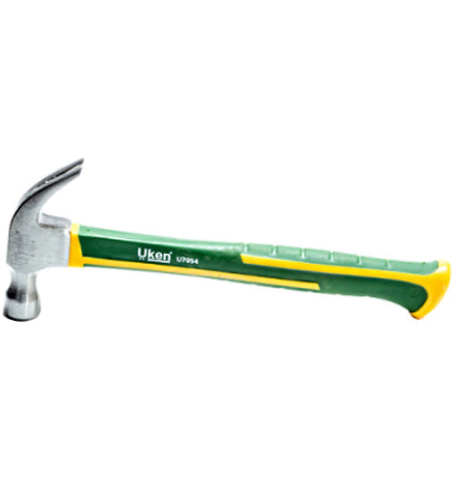 Hammer with green and yellow handle on a white background