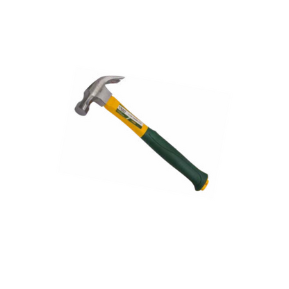 A hammer with a silver head and a green and yellow fiberglass handle.