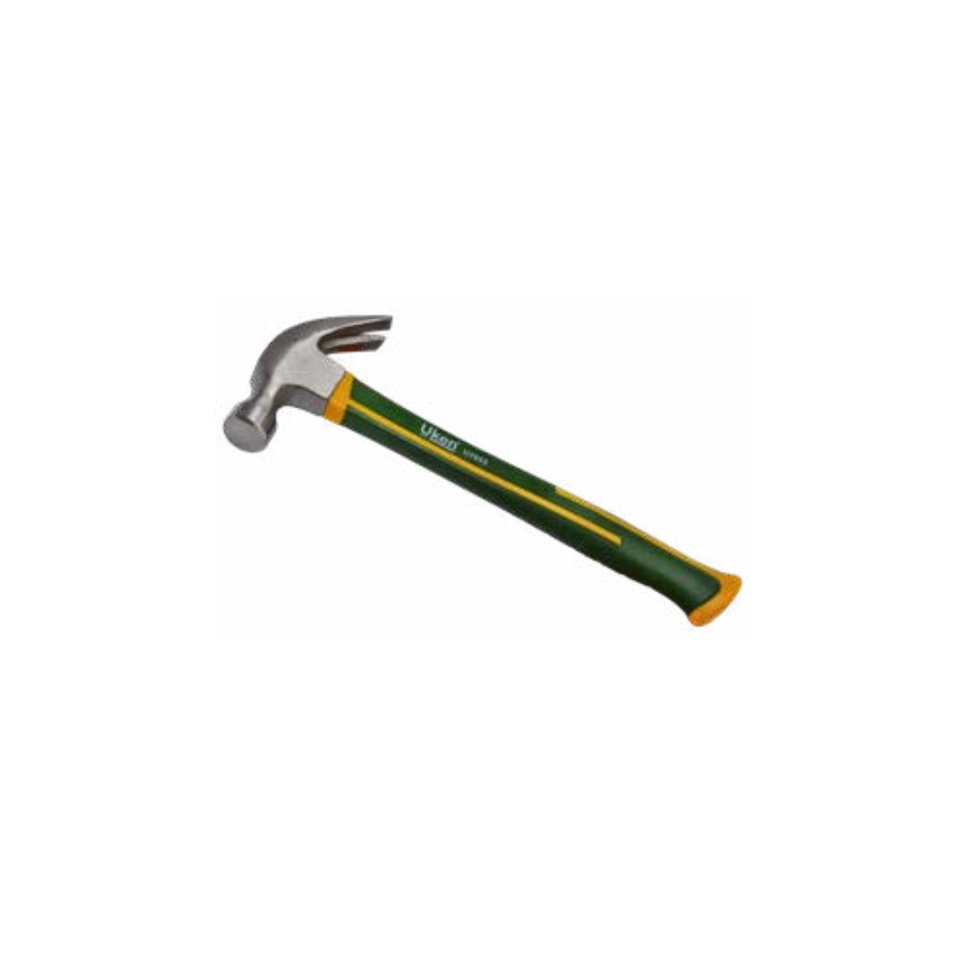A fiberglass handle claw hammer with a polished head and a green and yellow color scheme.