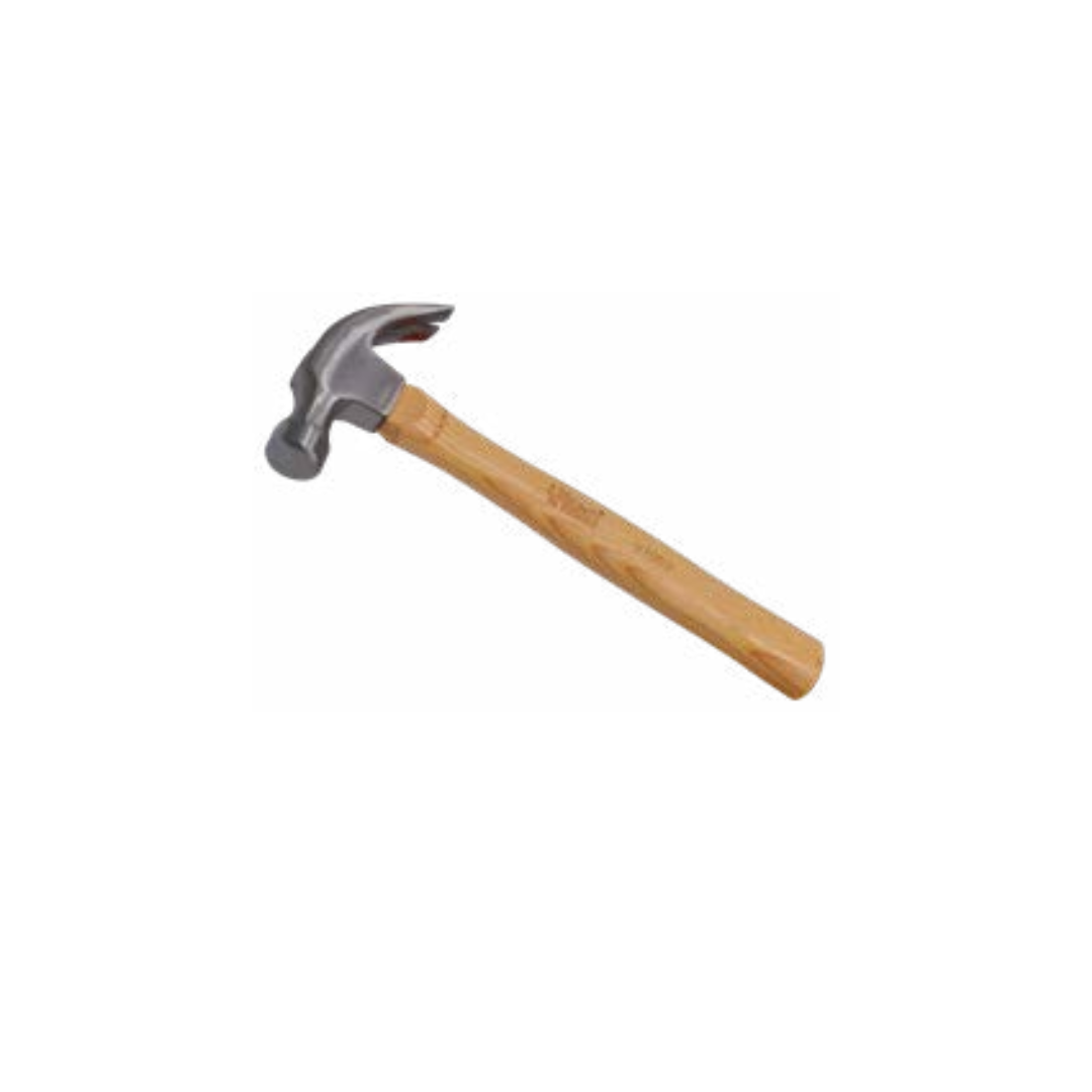 A hammer with a steel head and a hickory wooden handle.