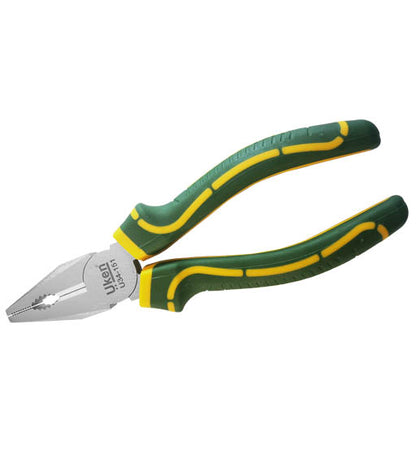 Pair of pliers with green and yellow handles on a white background
