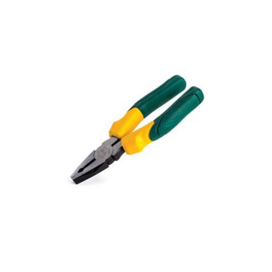 A pair of combination pliers with green and yellow handles.