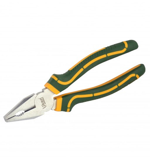 Pair of pliers with green and yellow handles on a white background