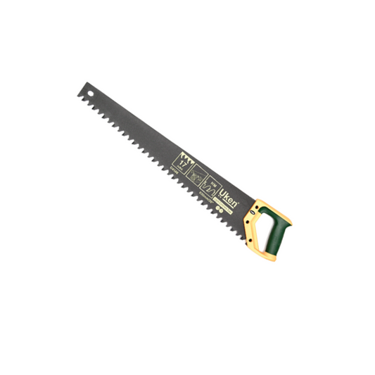 A 26-inch concrete hand saw with a plastic handle and a metallic blade, primarily black in color with green and yellow accents on the handle.