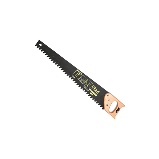A 26-inch Uken hand saw with a black blade and beige wooden handle.
