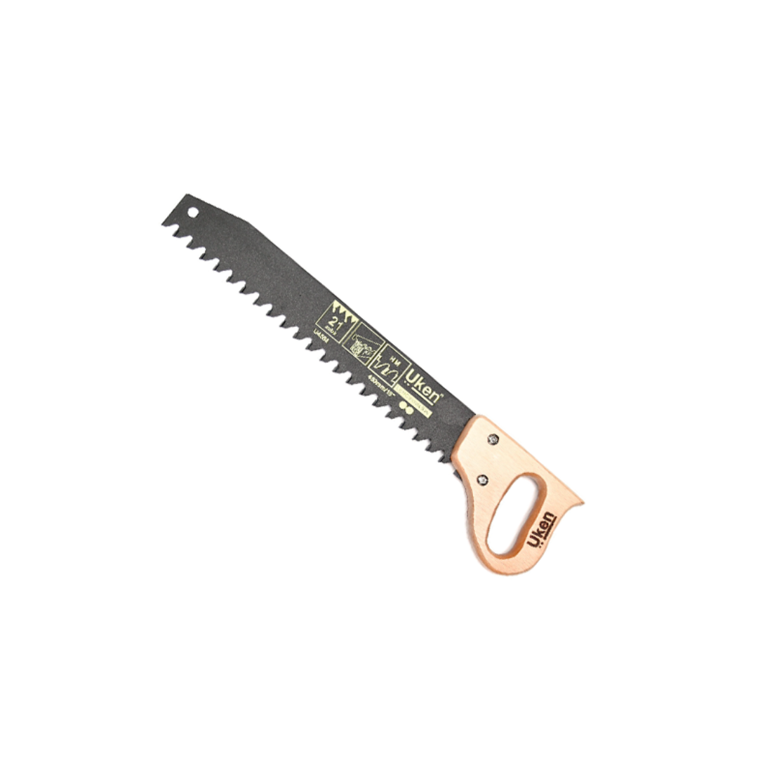 An 18-inch hand saw with a black blade and a beige wood handle.