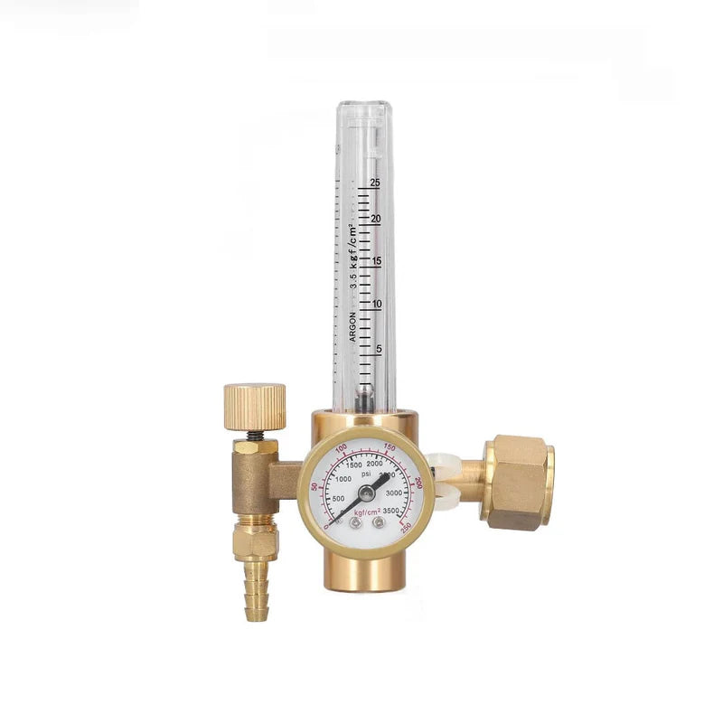 Brass gas regulator with gauge on a white background