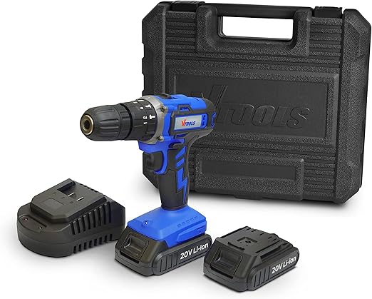 Blue cordless drill with two batteries and a black carrying case on a white background