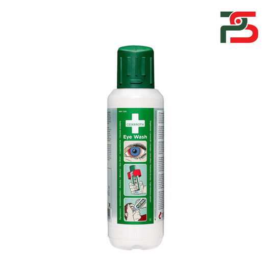 Eye wash bottle with green and white label on a white background