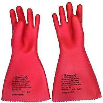 Pair of red gloves with Kavach branding on a white background