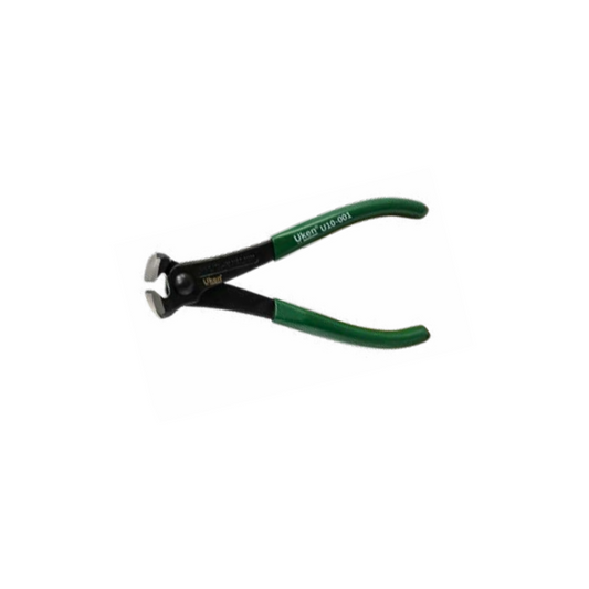 A pair of Uken branded end cutters with green handles and black cutting head.