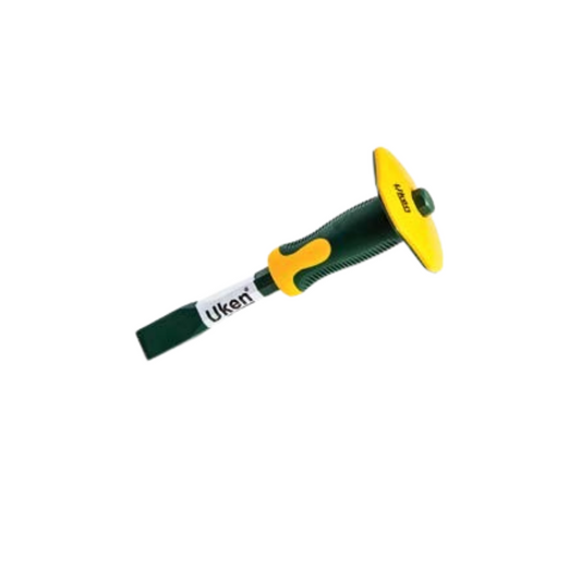 A green and yellow flat chisel with a flat tip and a double-color grip handle, branded with the name 'Uken'.