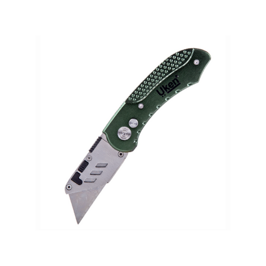 A folding knife with a green handle, metal blade, and a quick-change button for easy blade change.
