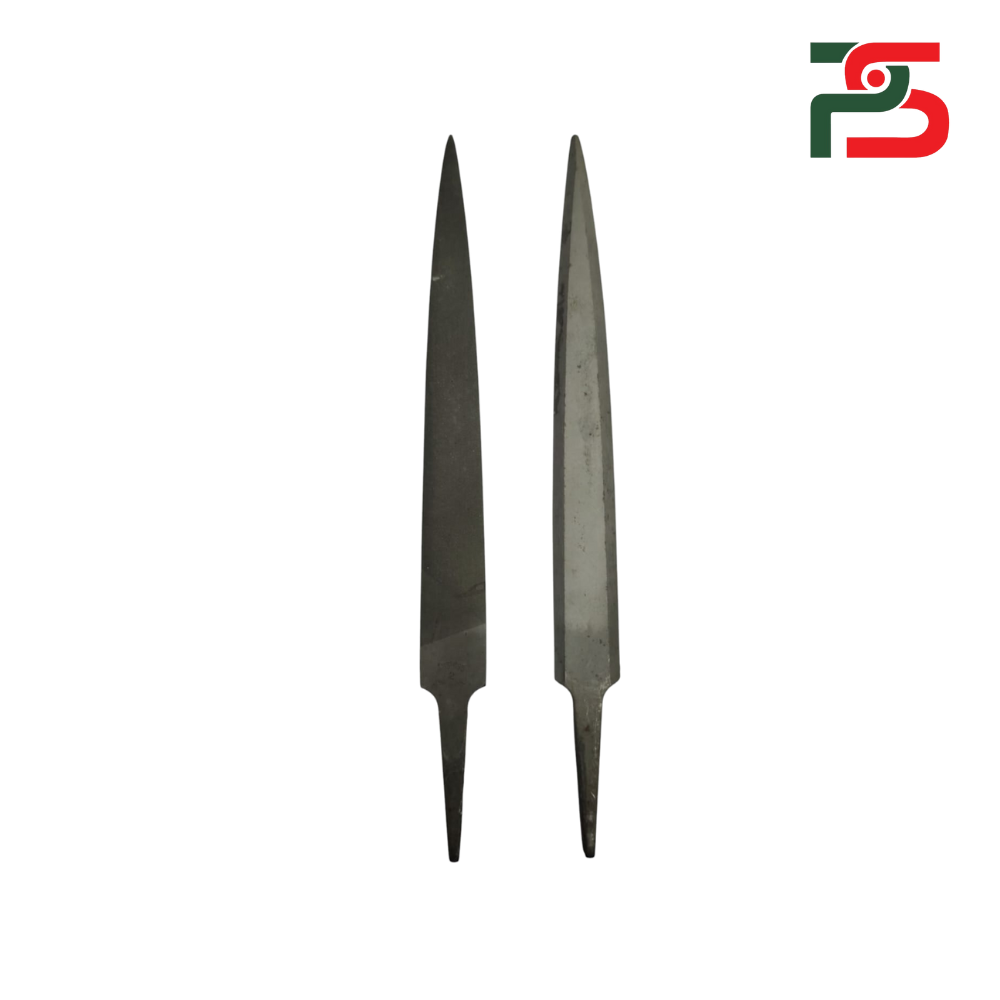 Two metal files on a white background with a logo in the corner.