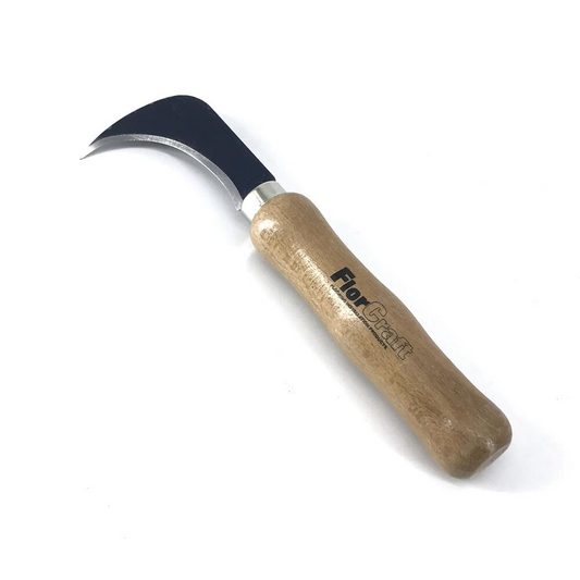 A FlorCraft linoleum knife with a curved, high-carbon steel blade and an ergonomic, slip-resistant wooden handle.
