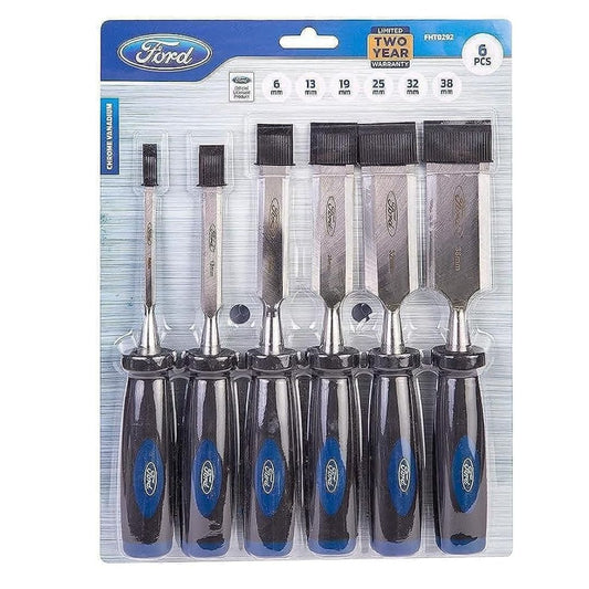 A set of Ford Tools chisels with ergonomic handles, packaged in a clear plastic case displaying the tools' sizes and quality.