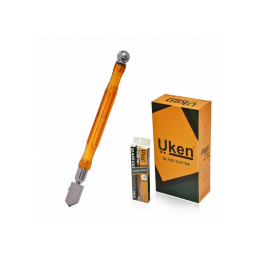 A Uken brand glass cutter with an 18mm blade, displayed next to its packaging box.