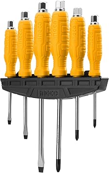Set of screwdrivers with yellow handles and black shafts on a black holder