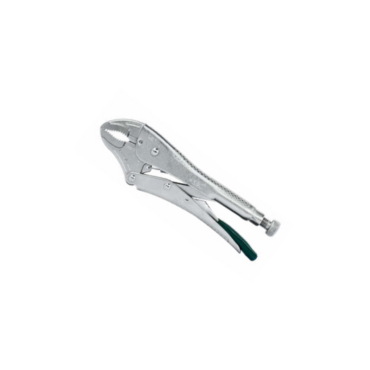 A silver-colored grip plier with a nickle-plated finish and green handles.