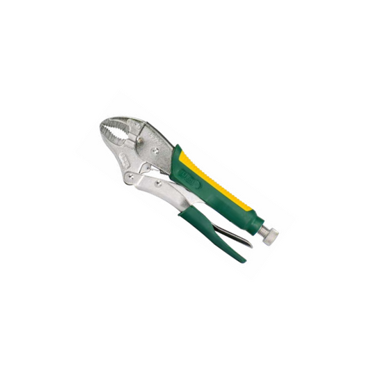 A pair of green-handled grip pliers with metal bodies.