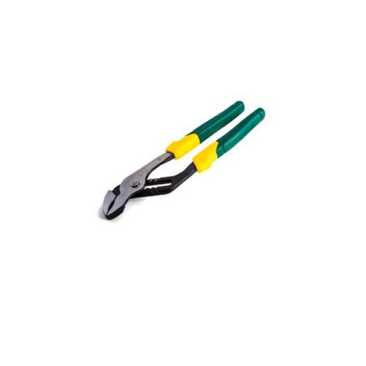 A pair of green-handled monkey pliers with yellow accents on the handles, with a natural polish on the metal.