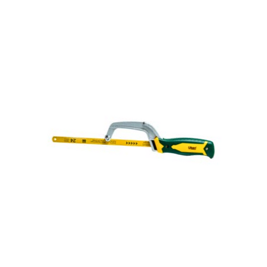 A mini hacksaw with a yellow handle, green accents, and a metal blade.