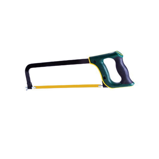 A handheld black and green hack saw with a metal frame and a yellow handle.