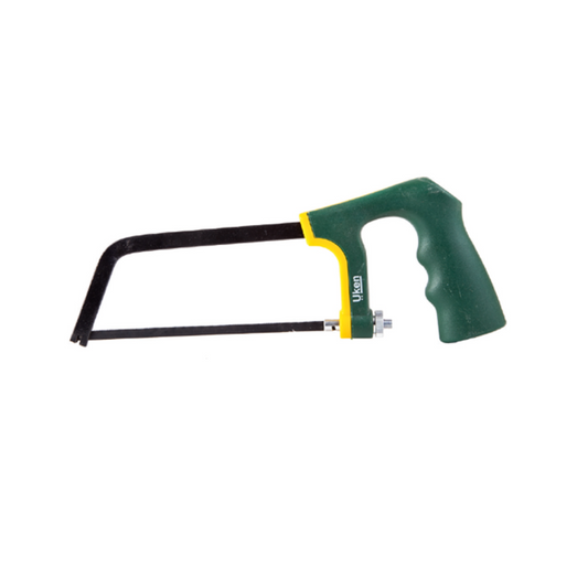 A mini hacksaw with a strong die casted frame and a plastic handle, predominantly green in color with black and yellow accents.