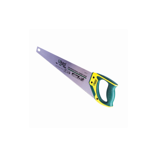 A hand saw with a purple alloy steel blade and a green and yellow plastic handle with a high grip TPR coating.