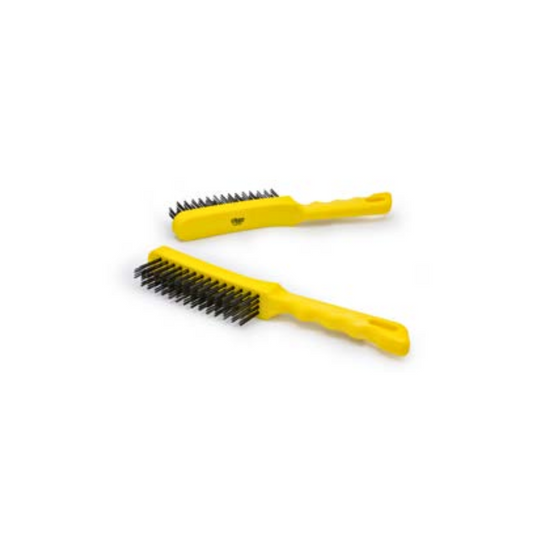 Two yellow wire brushes with plastic handles, designed for cleaning, displayed on a white background.