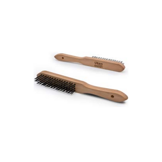Two hand wire brushes with wooden handles, the top one with a smoother finish and the bottom one with longer bristles.