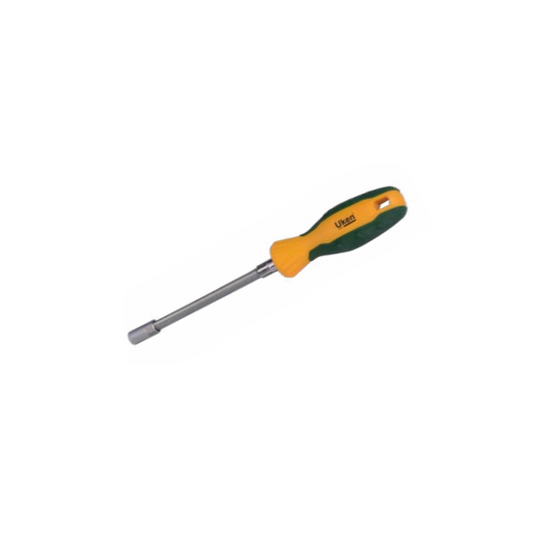 A yellow and green hose clip driver with a metal shaft and a rubber handle, branded with the name 'UKEEN'.