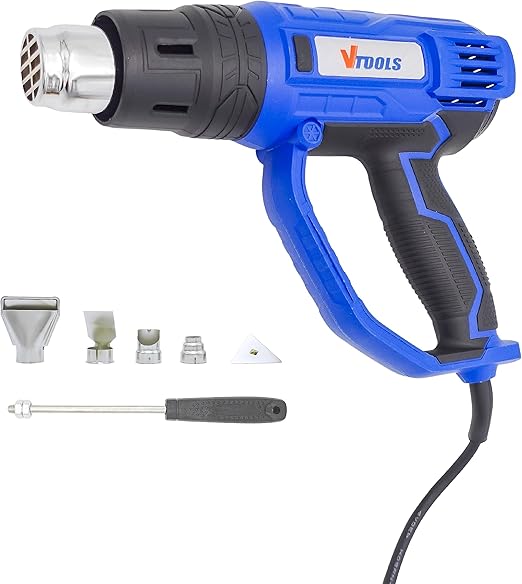 Blue and black hot air gun with attachments on a white background