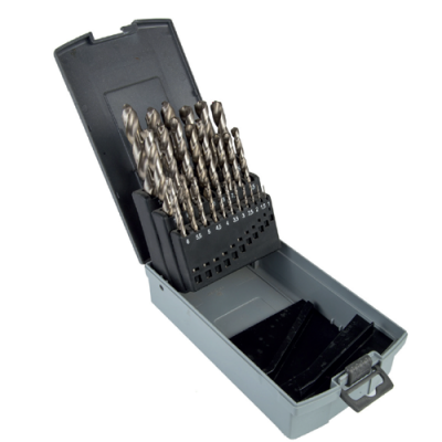 Set of drill bits in a gray case on a white background