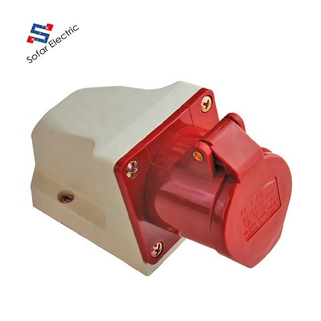 Electrical socket with red and beige design on a white background, featuring Solar Electric logo.