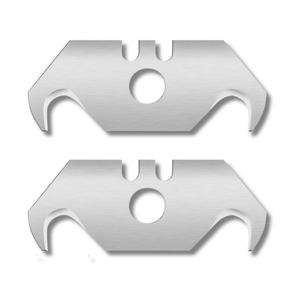 Two silver hook-shaped utility knife blades against a white background.