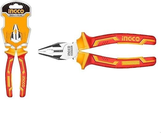 Two pairs of pliers with red and yellow handles on a white background, branded 'ingco'.