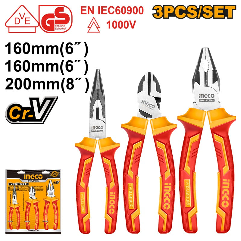 Set of three pliers with red and yellow handles, packaging, and certification logos on a white background.