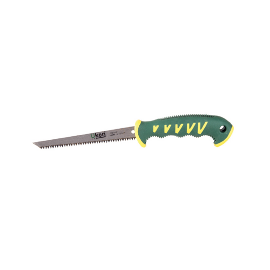 A handheld job saw with a green and silver handle and a metallic blade.
