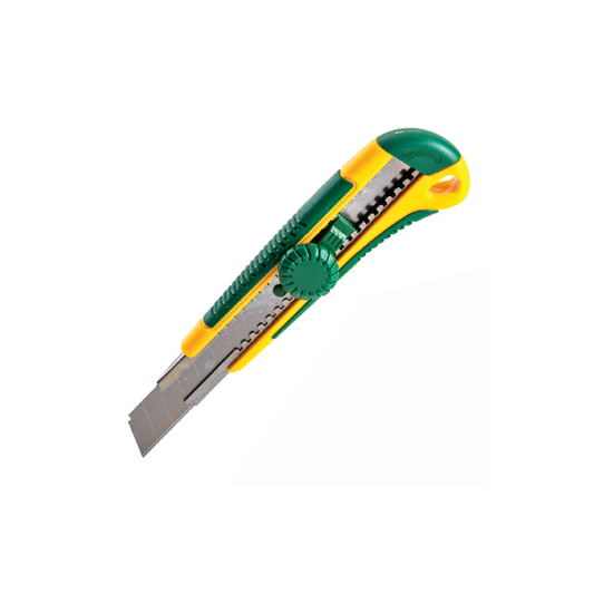 A utility knife with a green and yellow handle, a silver blade, and additional blades stored inside.