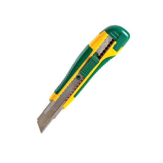 A utility knife with a green, yellow, and silver color scheme, featuring a ratchet lock system and TPR handle.