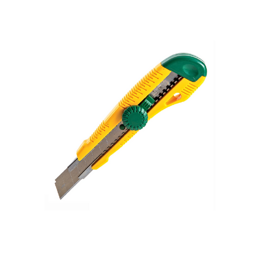 A yellow and green retractable blade knife with a metal blade extended.