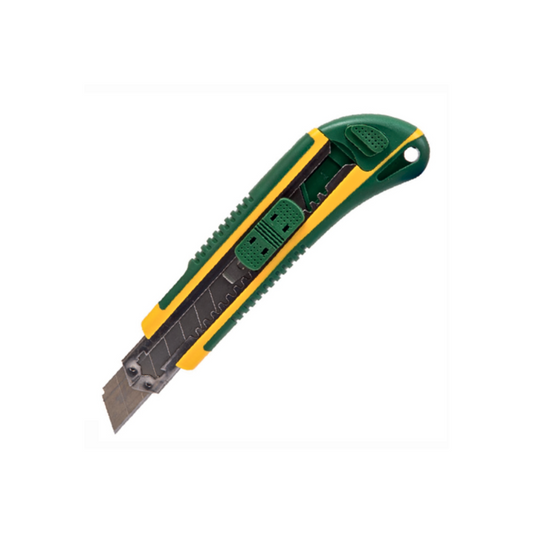 A professional cutter knife with a green, yellow, and black handle and a metal blade.