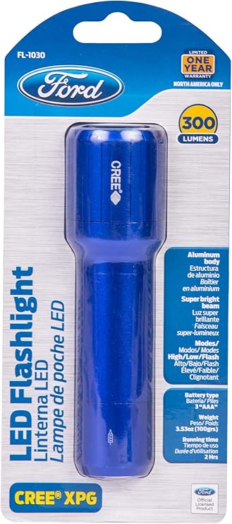 Blue LED flashlight in packaging with Ford logo