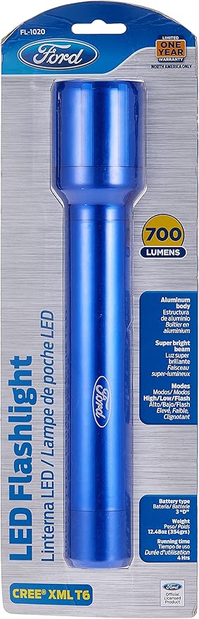 Blue LED flashlight in packaging with Ford branding